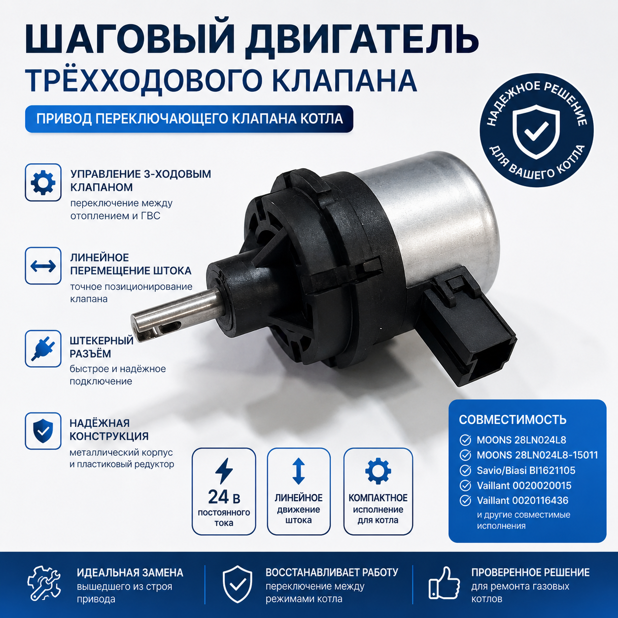 Шаговый двигатель трёхходового клапана 24 В, тип MOONS 28LN024L8 — фото 1